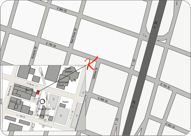 Map showing Koriente at 621 E 7th St near Sabine St and I-35 in downtown Austin