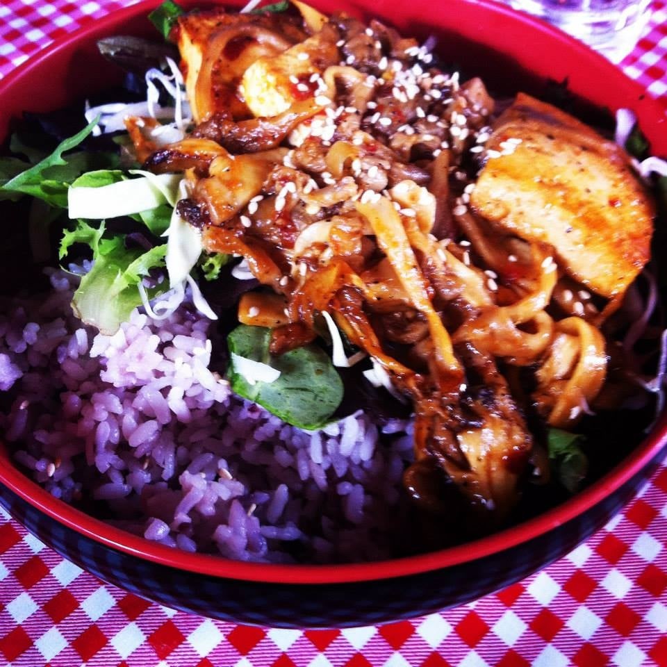 Vegan shiitake tofu in miso-soy sauce